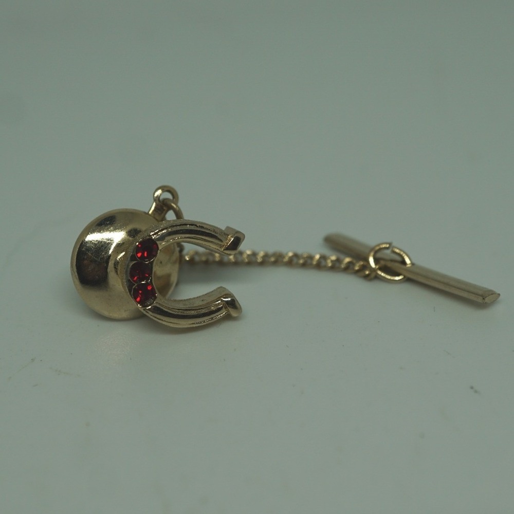 Swank Vintage Gold Tone Horseshoe Tie Tack Red Rhinestone Equestrian Accessory